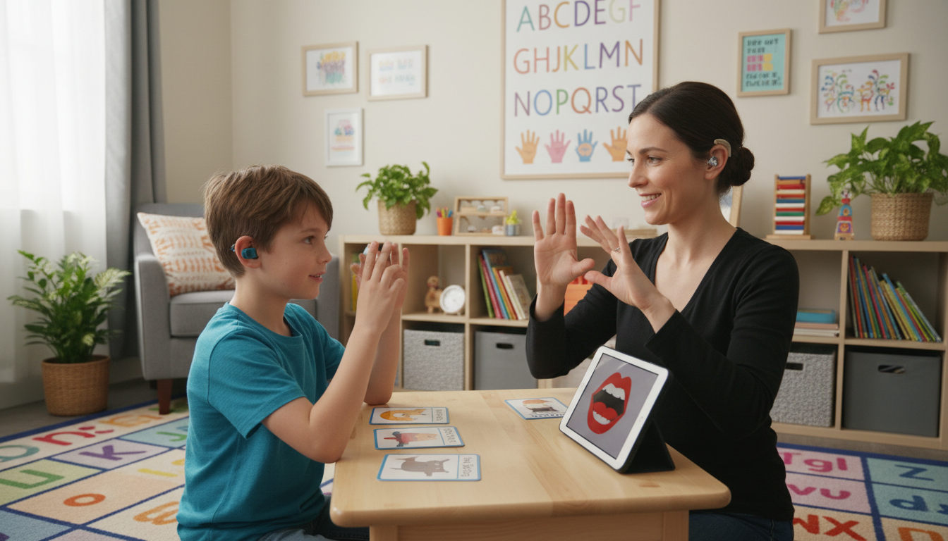 image showing speech therapy in a warm and friendly setting, with American sign language elements and hearing aids visible