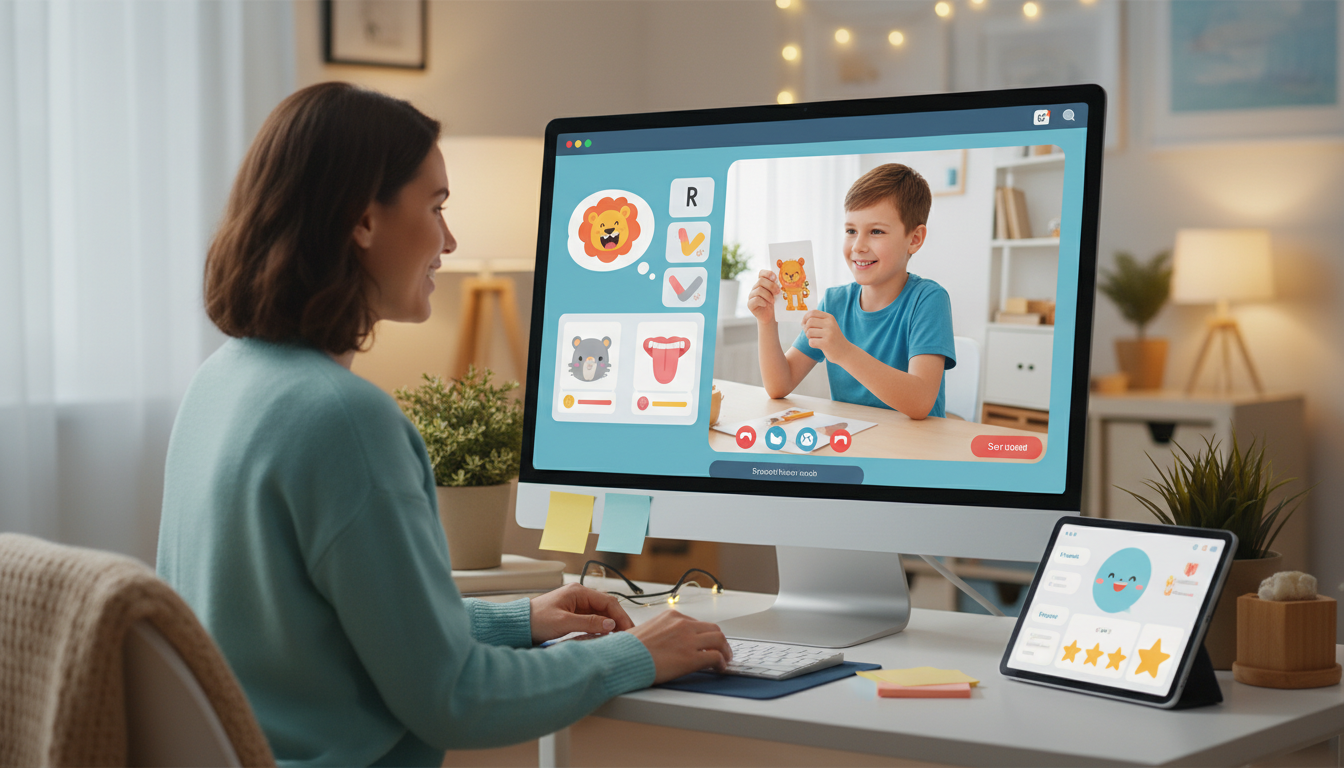 an image of virtual coaching sessions for speech therapy, friendly and warm atmosphere