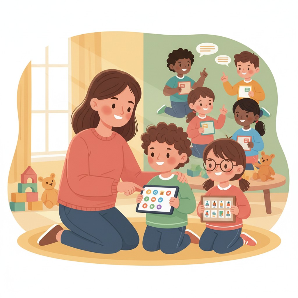 Anime, cartoon or funny style character illustration of a female teacher teaching children in a kindergarten.