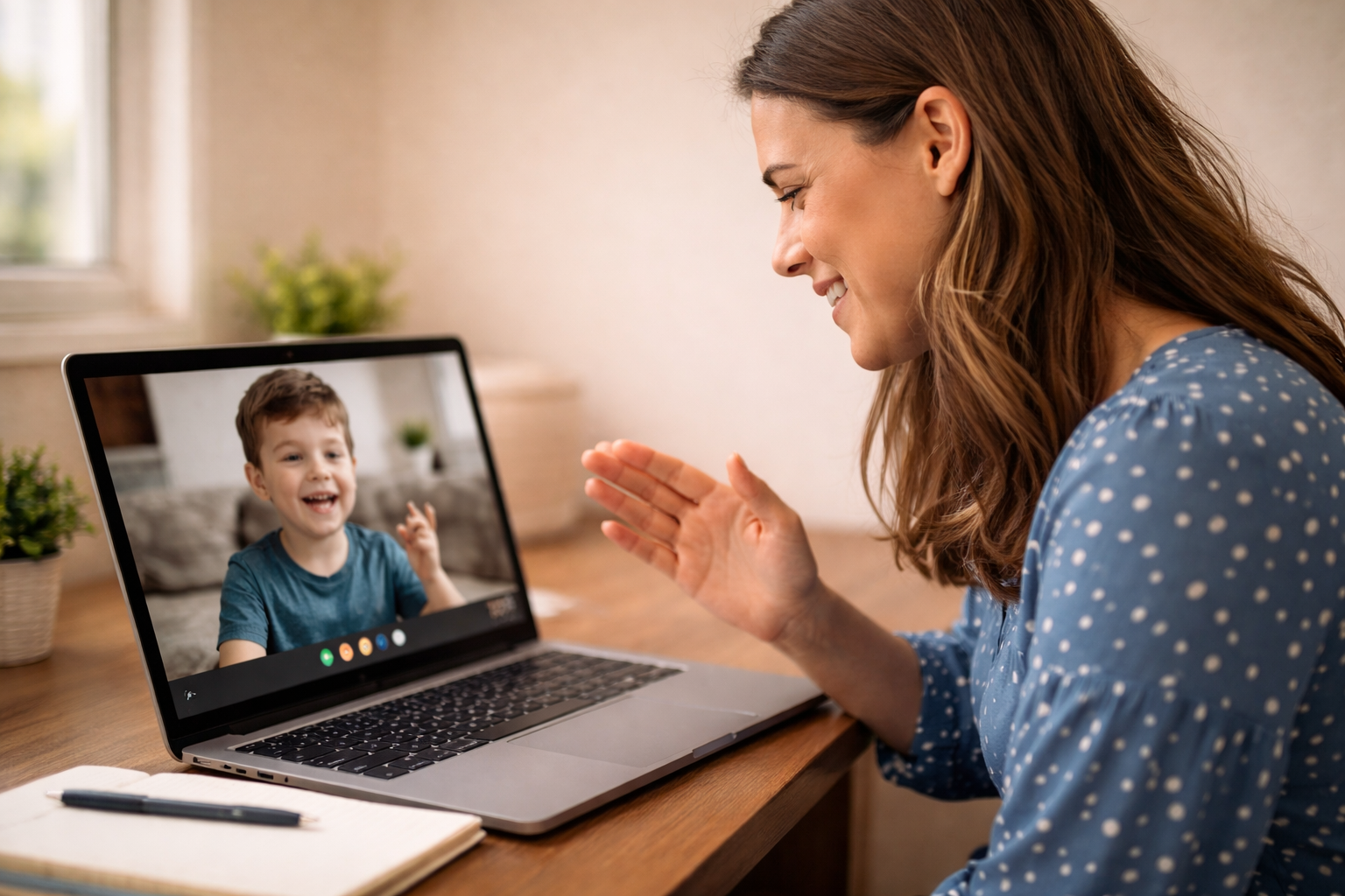 a speech therapist smiling and waving during an online video session with a young child on a laptop screen