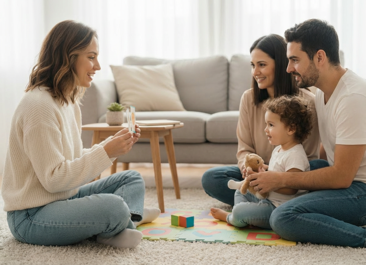woman-doing-language-therapy-living-room A photorealistic scene of a woman with medium-length brown hair with subtle highlights, a warm smile, and light skin tone, sitting on the floor doing language therapy with a 2-3 year old girl and her parents. She is wearing a sweater and wide leg blue jeans. The setting is a cozy, well-lit living room with soft natural lighting, a neutral background, and a calm atmosphere. Include subtle details like a notebook, a toy, and a small plant in the background. Shallow depth of field, warm tones, professional yet approachable mood.